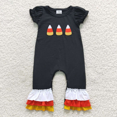 SR0401 Embroidery Halloween Candy Corn Orange Baby Girl's Romper