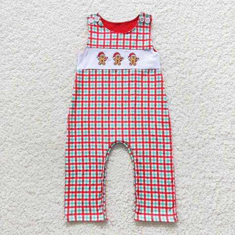 SR0406 Christmas Embroidery Gingerbread Red Button Baby Boy Romper