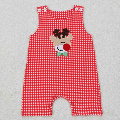 SR0409 Embroidery Reindeer Christmas Red Elk Plaid Baby Boy Romper