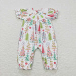 SR0419 Smocked Christmas Pink Trees Baby Girl's Romper