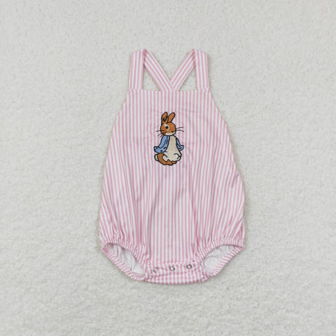 SR0462 Easter Embroidery Rabbit Cartoon Pink Stripe Baby Girl Romper