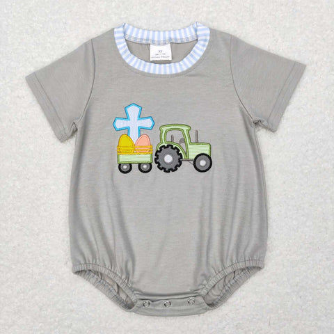 SR0490 Embroidery Easter Bunny Egg Truck Baby Romper Boy