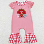 SR0511 Embroidery Farm House Animal Plaid Baby Girl Romper