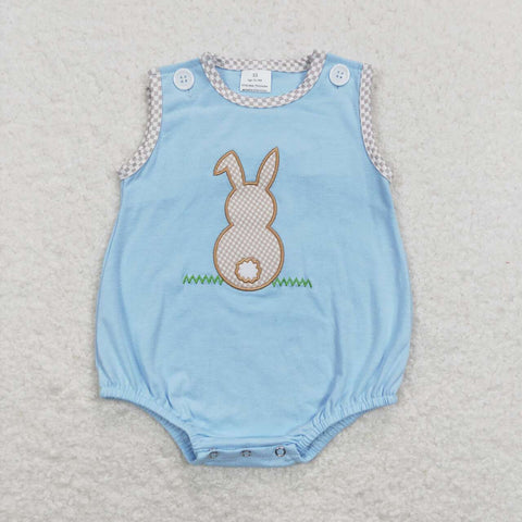 SR0541 Embroidery Easter Bunny Plaid Sky Blue Baby Romper Boy