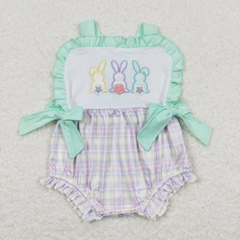 SR0543 Embroidery Easter Bunny Rabbit Pink Plaid Baby Romper