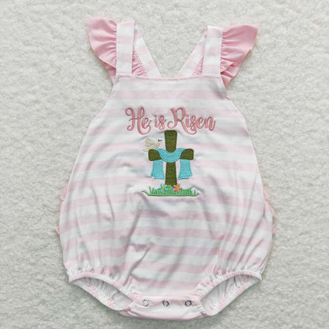 SR0564 Embroidery Easter He's risen Pink Baby Girl Romper