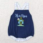 SR0565 Embroidery Easter He's risen Blue Baby Boy Romper