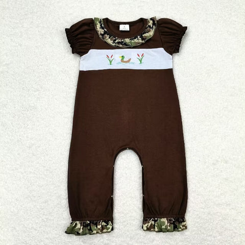 SR0582 Embroidery Mallard Brown  Baby Girl Romper