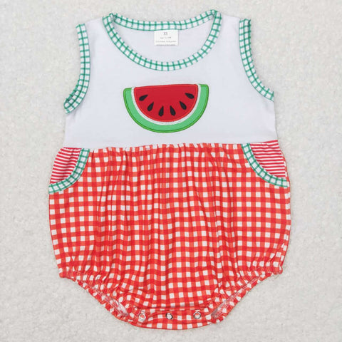 SR0592 Embroidery Watermelon Red Plaid Baby Boy Romper