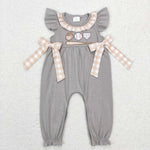 SR0613 Embroidery Baseball Grey Plaid Girl Boy Romper