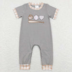 SR0614 Embroidery Baseball Grey Plaid Baby Boy Romper