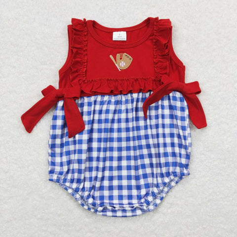 SR0615 Embroidery Baseball Red Blue Plaid Bow Girl Romper