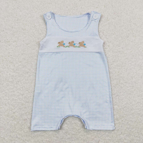 SR0621 Embroidery Easter Rabbit Blue Plaid Boy Romper