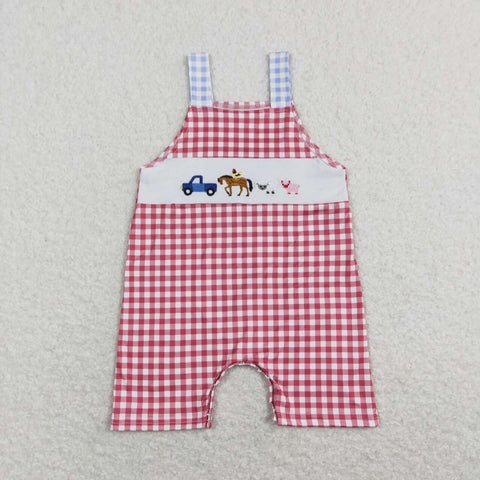 SR0632 Embroidery Farm Cute Animal Red Plaid Baby Boy Romper