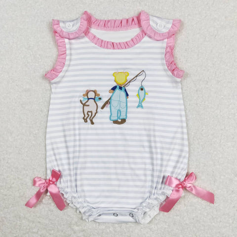 SR0643 Embroidery Fishing Dog Baby Girl Romper