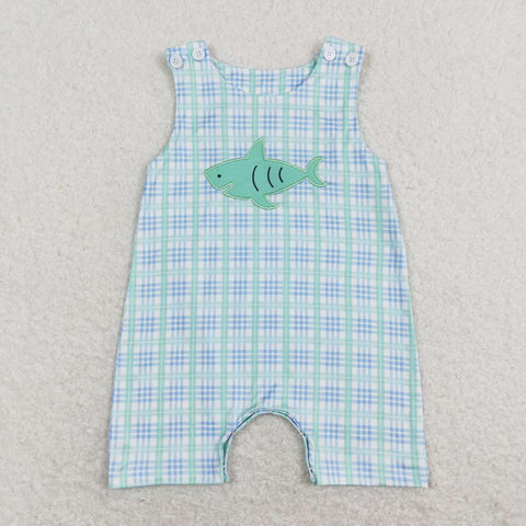 SR0651 Embroidery Summer Shark Plaid Shorts Baby Boy Romper