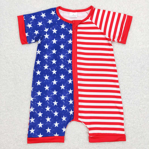SR0673 July 4th USA Flag Star Shorts Baby Zip Sleeper