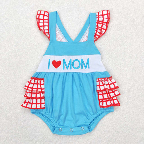 SR0683 Embroidery I LOVE MOM Blue Baby Girl Romper