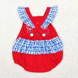 SR0686 Embroidery Baseball Red Blue Baby Girl Romper