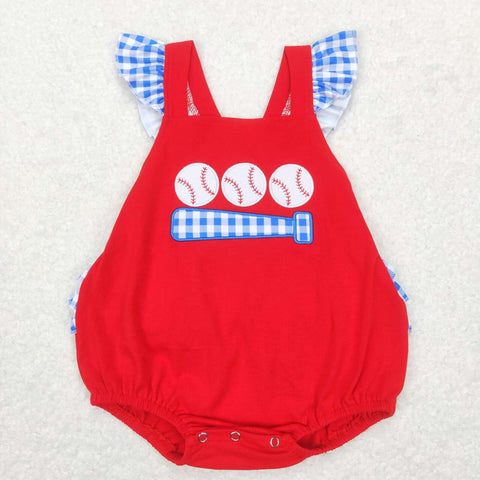 SR0686 Embroidery Baseball Red Blue Baby Girl Romper