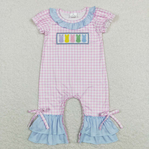 SR0689 Embroidery Easter Bunny Pink Plaid Cute Baby Girl Romper