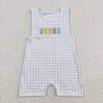 SR0691 Embroidery Easter Bunny Blue Plaid Cute Baby Boy Romper