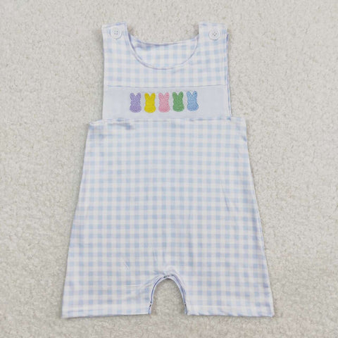 SR0691 Embroidery Easter Bunny Blue Plaid Cute Baby Boy Romper
