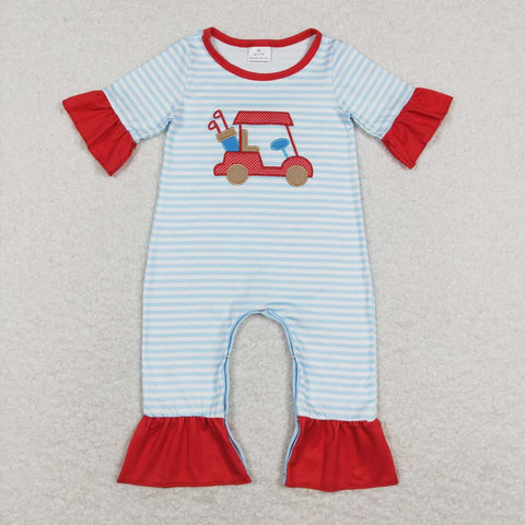 SR0699 Embroidery Golf Cart Stripe Baby Girl Romper