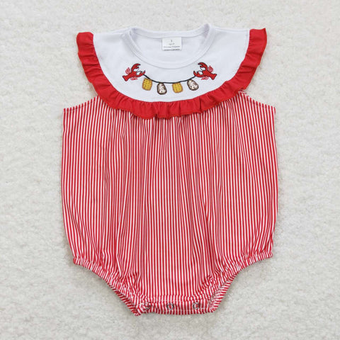 SR0741 Embroidery Crawfish Foods Red Cute Baby Girl Bubble Romper