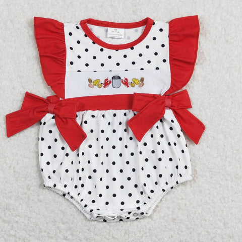 SR0742 Embroidery Crawfish Foods Red Baby Girl Bubble Romper