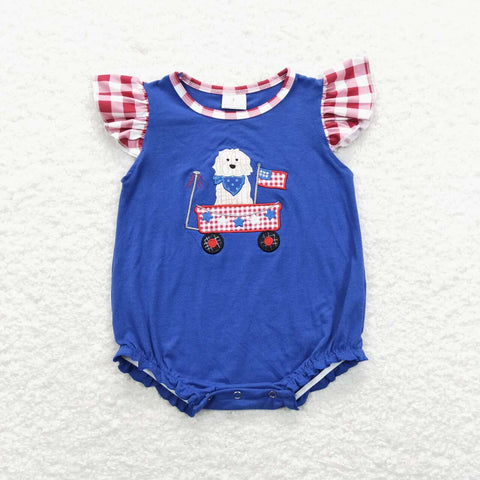 SR0748 Embroidery July 4th Flag Dog Car Baby Girl Romper