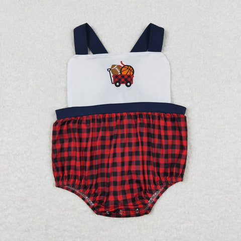 SR0753 Embroidery Basketball Game Red Plaid Baby Boy Romper