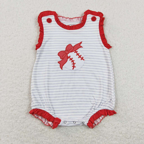 SR0782 Embroidery Softball Red Ruffle Baby Girl Romper