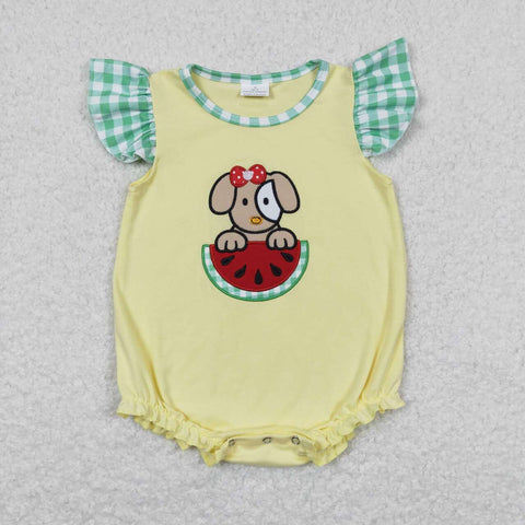 SR0789 Embroidery Summer Watermelon Dog Baby Girl Romper