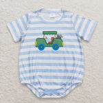 SR0795 Embroidery Golf Car Stripe Baby Boy Romper