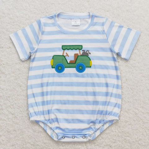 SR0795 Embroidery Golf Car Stripe Baby Boy Romper