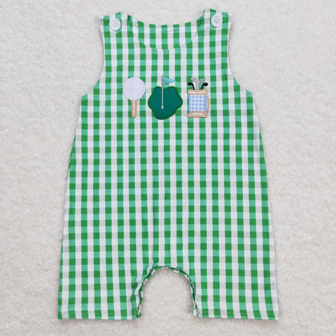 SR0796 Embroidery Golf Green Plaid Baby Boy Romper
