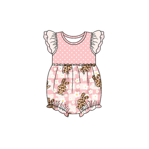 Preorder 12.22 SR0797 Easter Flower Bunny Leopard Pink Baby Girl Romper