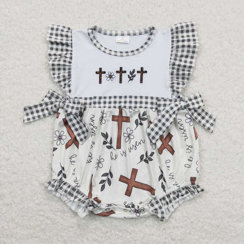 SR0813 Embroidery Easter Flower Cross Baby Girl Romper