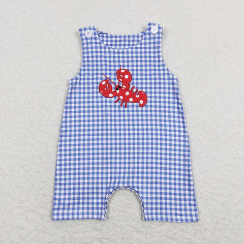 SR0820 Embroidery Crawfish Blue Plaid Baby Boy Romper
