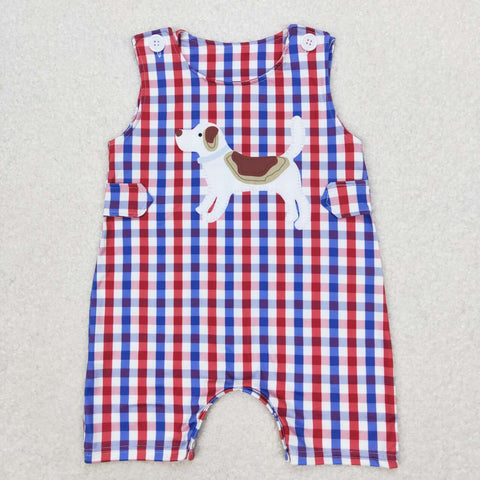 SR0821 Dog Blue Red Plaid Baby Boy Romper