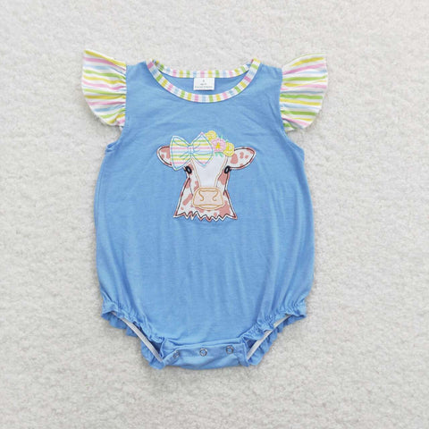 SR0825 Embroidery Cow Colorful Stripe Baby Girl Romper