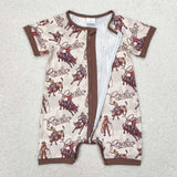 SR0856 Cowboy Rodeo Brown Shorts Baby Zip Sleeper Romper