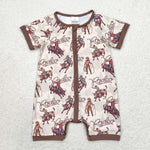 SR0856 Cowboy Rodeo Brown Shorts Baby Zip Sleeper Romper