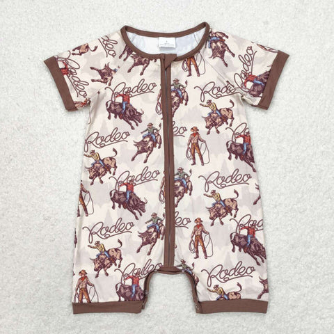 SR0856 Cowboy Rodeo Brown Shorts Baby Zip Sleeper Romper