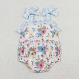 SR0970 Flower Blue Plaid Baby Girl Romper