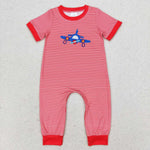 SR1043 Embroidery Airplane Red Stripe Baby Boy Romper