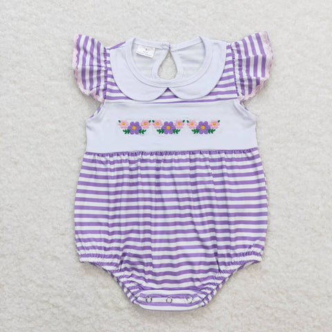 SR1051 Embroidery Flower Purple Stripe Baby Girl Bubble Romper