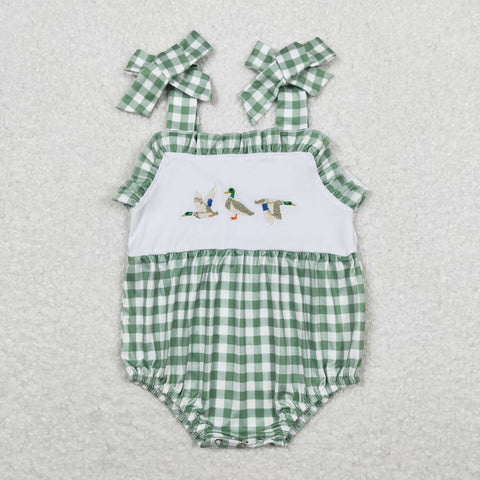 SR1065 Embroidery Duck Green Plaid Baby Girl Romper