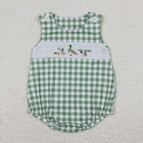 SR1066 Embroidery Duck Green Plaid Baby Girl Romper